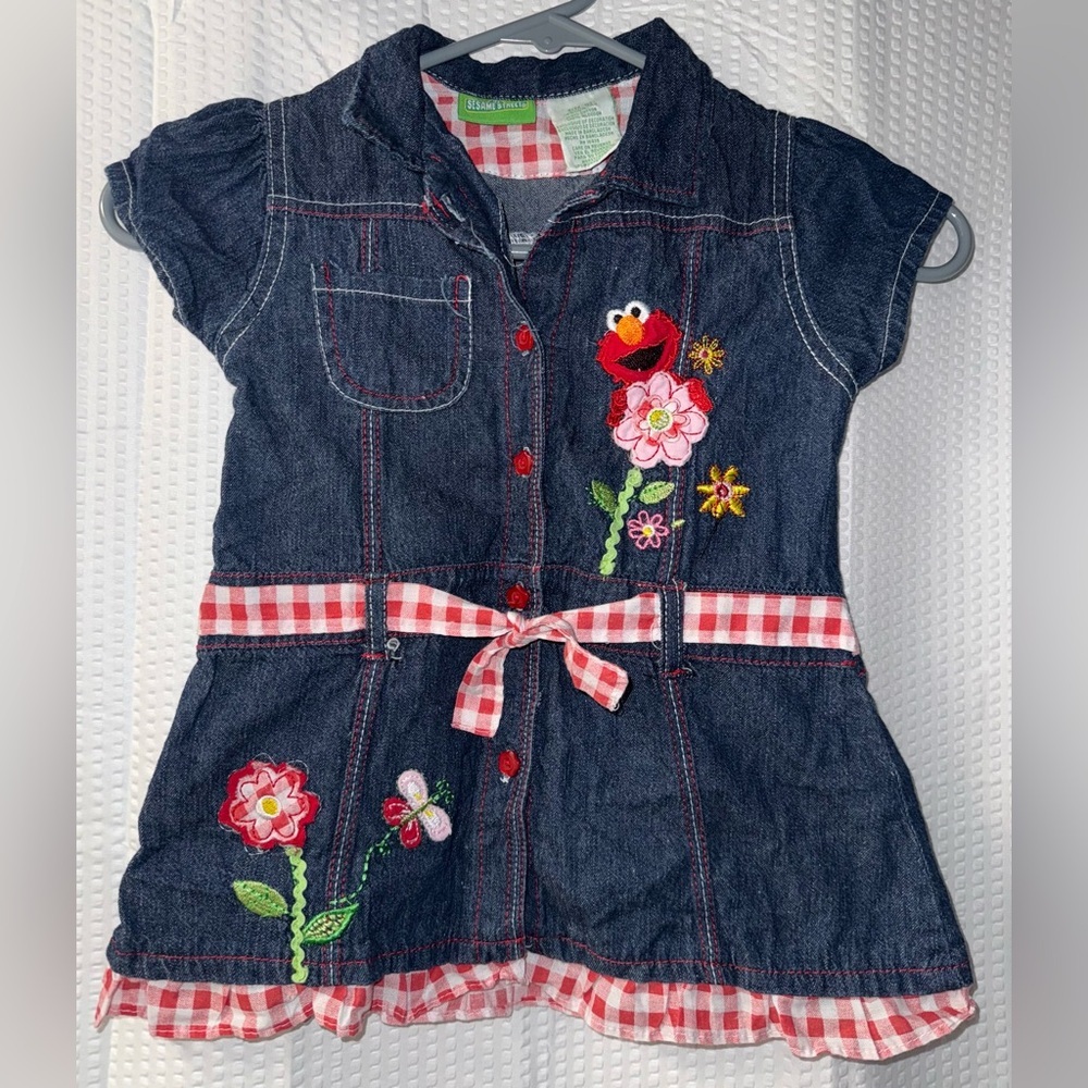Vintage Sesame Street Elmo Girls 4T Denim Embroidered Dress